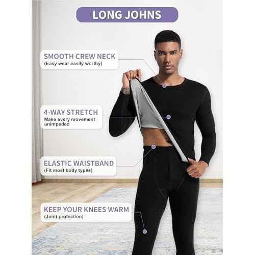Warm Thermal Underwear Set Mens Base Layer Long Johns Winter Hunting Gear Bottom Leggings Top with Mens Crew Socks