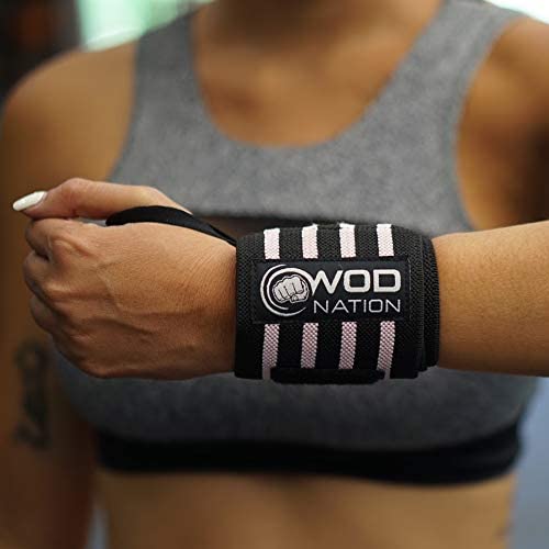 WOD Nation Wrist Wraps for Weightlifting, 12” Professional Gym Wrist Straps w/Thumb Loop for Men & Women, Wrist Support Wraps for Strength Training, Powerlifting & Bodybuilding (Black/Pink)