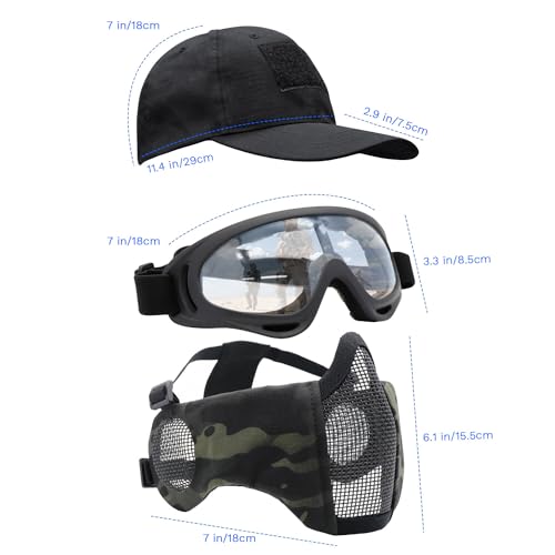 Yzpacc Airsoft Mask with Goggles, Foldable Half Face Airsoft Mesh Mask with Ear Protection for Paintball Shooting Cosplay CS Game