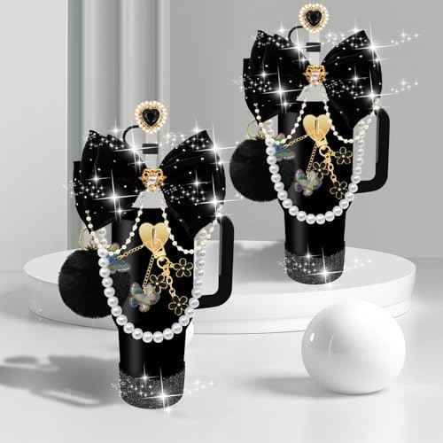 LBU Bling Stanley Cup Accessories for 40/30/20 oz Tumbler with Handle Including Glitter Bow Straw Topper, Heart Straw Cover, Pearl Water Bottle Handle Strap, Boot, Pom-Pom, Keychain Charms(Black)