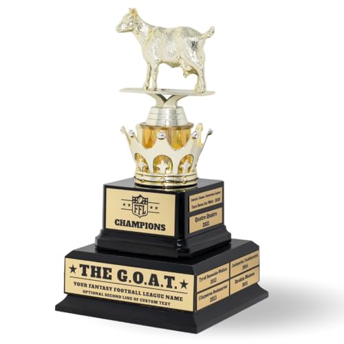 Alpha Awards Large Custom Goat Trophy for Fantasy Football League-G.O.A.T.-Greatest of All Time Funny Trophy-Traveling Perpetual Award-Personalized Laser Engraved Plate (Large Custom FFL G.O.A.T.)