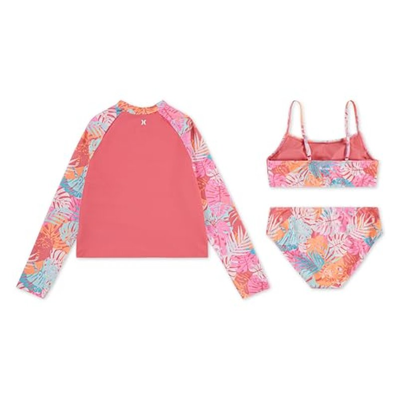 Hurley Girls Long Sleeve Rash Guard and Bikini 3-Piece Swimsuit