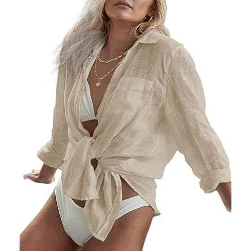 Bathing Suit Cover Ups for Women, Long Sleeve Swimwear Button Down Shirt Dress Swimsuit Bikini Beach Cover Up