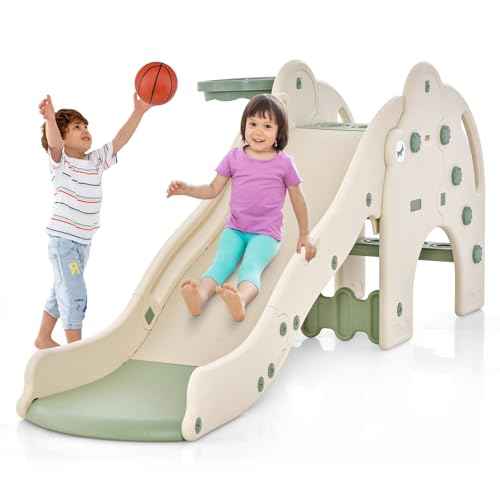 BABY JOY Toddler Slide, Elephant Shape Large Slide for Kids with Basketball Hoop, Buffer Zone & Non-Slip Steps, Freestanding Kids Slide Set for Indoors Boys Girls Over 18 Months Old Gifts Present