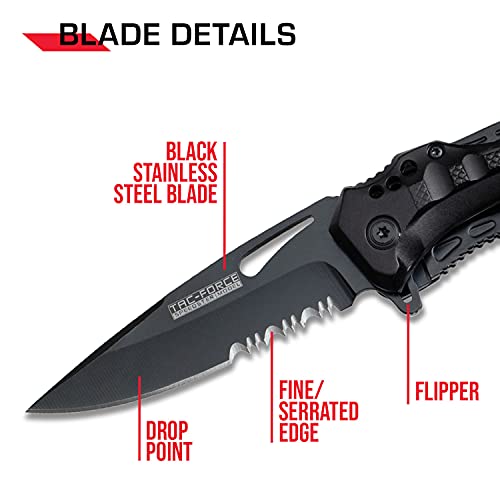 TAC Force- Spring Assisted Folding Pocket Knife – Black Stainless Steel Blade with Black Aluminum Handle, Bottle Opener, Glass Punch and Pocket Clip, Tactical, EDC, Rescue - TF-705 , 3.25 inch blade