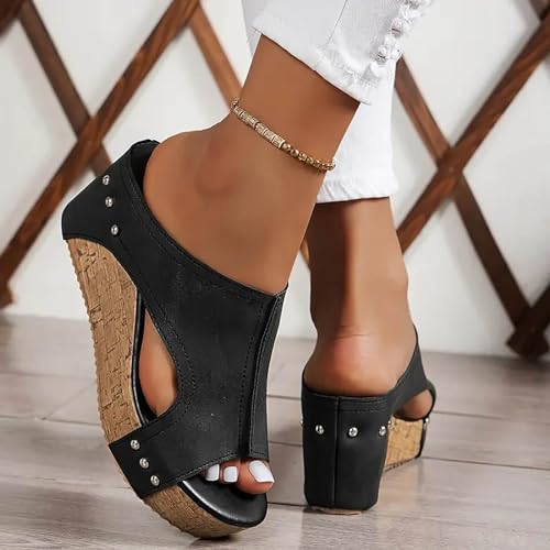 KAPRIOY Womens Sandals Wedge Thick Bottom Studded Comfort Slope Sandals Women Summer Fashion Peep Toe Slip On Slide Slippers