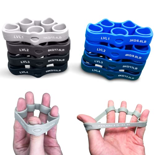 Finger Exercise Grip Strengthener, Finger Stretcher Hand Grip Resistance Bands Finger Extensor Exercise Bands for Carpal Tunnel Guitar Pianist Rock Climbing Tennis Trainer 8PCS