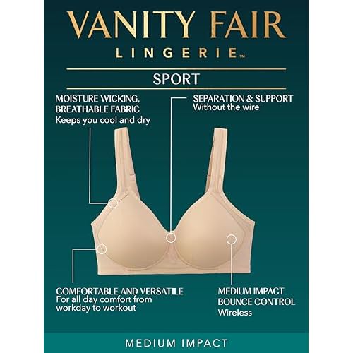 Vanity Fair Women's Medium Impact Sports Bras for Women, Breathable, Moisture Wicking, Padded Cups up to DDD
