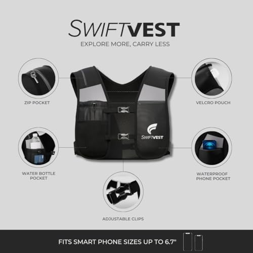 SWIFTVEST Running Phone Holder Vest with 500ml/17oz Running Water Bottle | Running Gift | Reflective Hydration Vest | Adjustable | Lightweight | 6 Pockets for Running Accessories | Men & Women