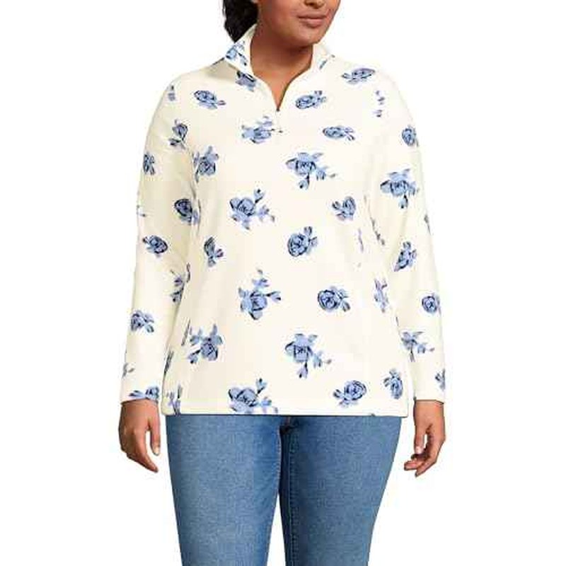 Lands' End Womens Fleece Quarter Zip Pullover Print Ivory/Clear Blue Tossed Floral Plus 3X