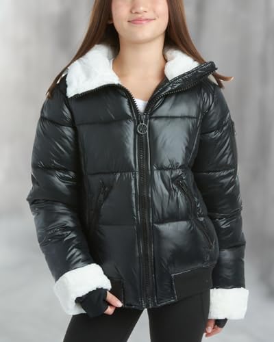 DKNY Girls' Winter Coat - Insulated Quilted Puffer Bomber Coat - Outerwear Jacket for Girls, Sherpa Collar/Cuffs (8-16), Size 7-8, Black