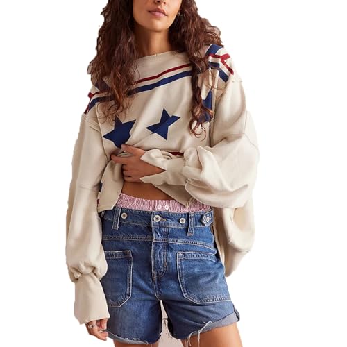 Amiblvowa Oversized Graphic Sweatshirt for Women Y2k Long Sleeve Drop Shoulder Crewneck Shirt Tops People Dupes Pullover Vintage Star Print Side Slit Sweater Jackets Fall Winter Clothes Blue White