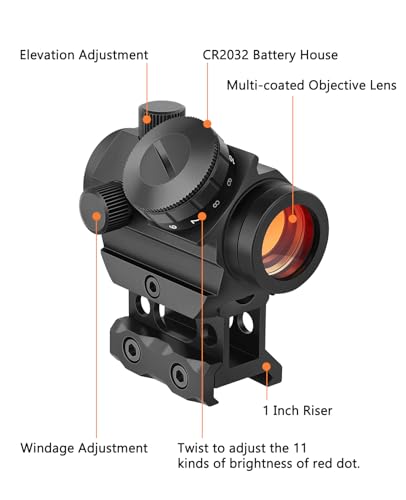 MidTen 2MOA Red Dot Sight 1x25mm Reflex Sight Waterproof & Shockproof & Fog-Proof Red Dot Scope, Mini Riflescope with 1 inch Riser Mount, Black