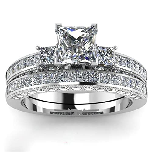 Wedding Rings Set for Him and Her Couples Rings Square Cut Diamond Promise Rings Sterling Silver Cubic Zirconia Rings