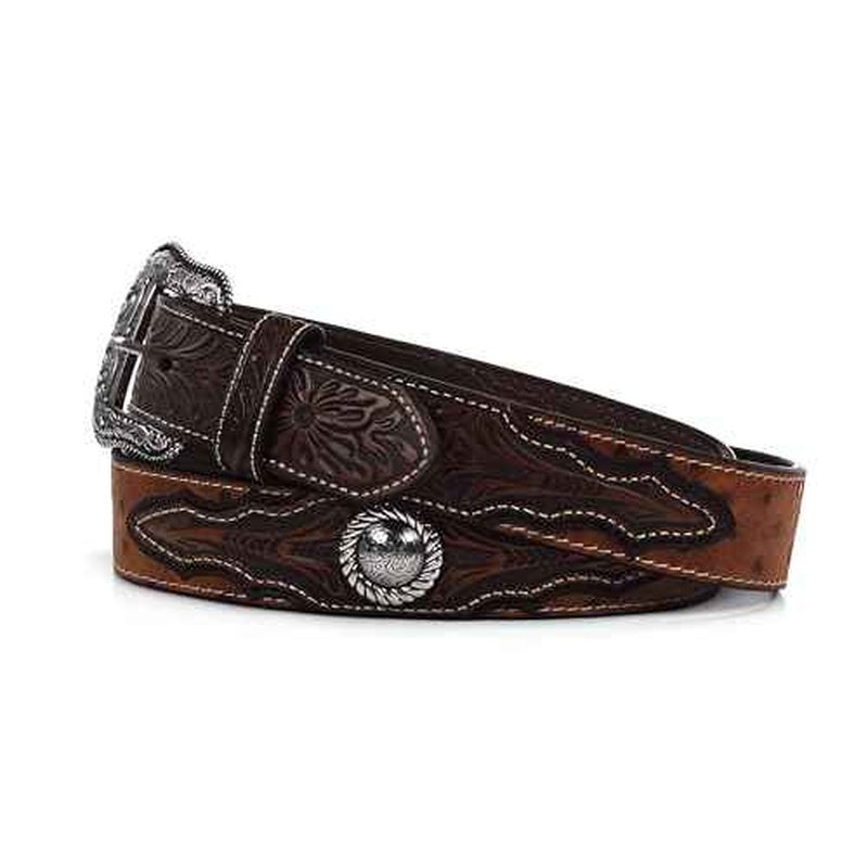 ARIAT Men's Faux Ostrich Leather Belt with Floral Emboss and Silver Conchos