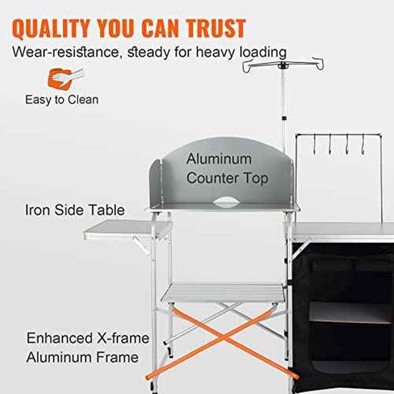 VEVOR Camping Kitchen Table, Folding Outdoor Cooking Table with Storage Carrying Bag, Aluminum Cook Station 1 Cupboard & Detachable Windscreen, Quick Set-up for Picnics, BBQ, RV Traveling, Black