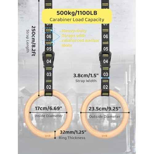 GHB Gymnastic Rings Wooden Gym Rings 1.25" Olympic Rings Adjustable Straps Pull Up Rings Sets for Workout Bodyweight Fitness Training