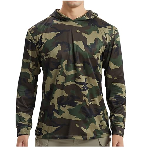 Generic Men's UV Sun Protection Hooded Camo Shirts Long Sleeve Quick-Dry Outdoor Hiking T-Shirt UPF 50+ Rash Guards Cooling Hoodies, Small, Camouflage