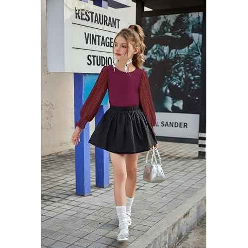Arshiner Girls Long Sleeve Shirt with Ruffle Cuffs Polka Swiss Dots Kids Girls Pullover Shirts Cute Crewneck Girls Top