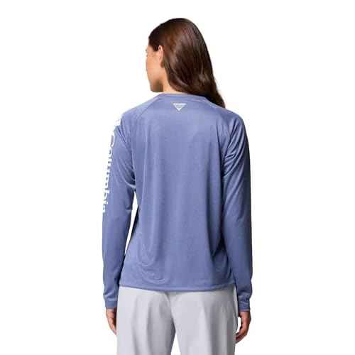 Columbia Womens PFG Tidal Tee II Long Sleeve Sun Protection Shirt, Bluebell Heather/White Logo, XX-Large