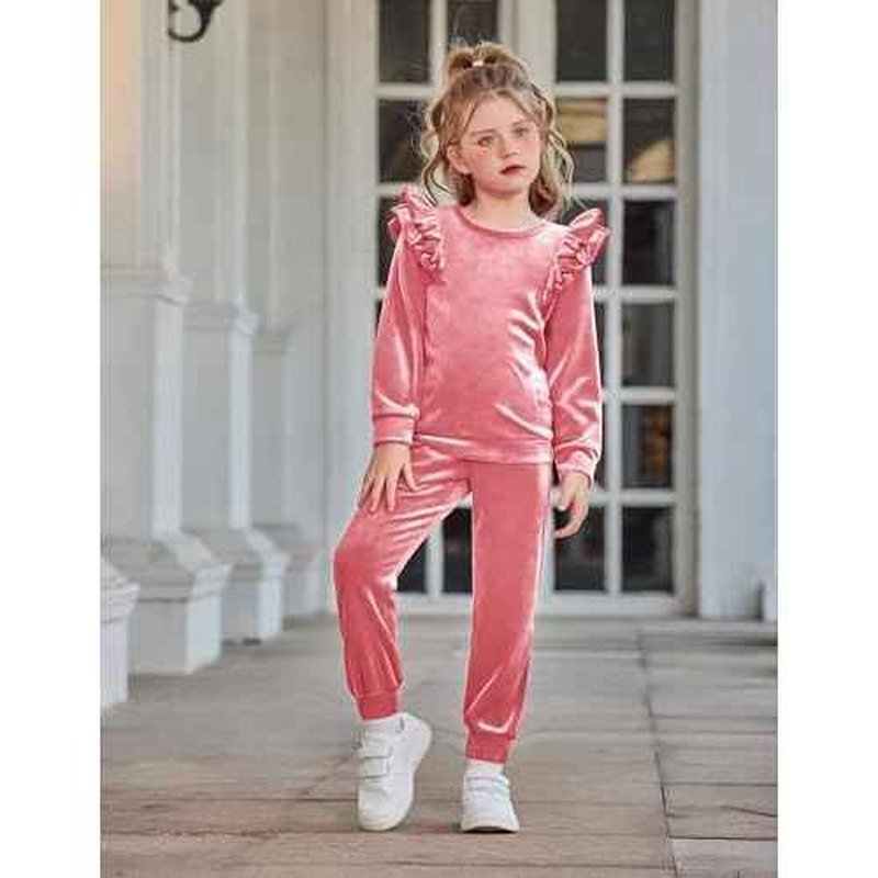 Arshiner Girls 2 Piece Outfits Velour Tracksuit Cute Clothes Sweatsuit Ruffle Pullover Sweatshirt Sweatpants Clothing Sets