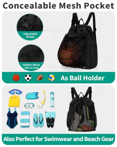 GreenTaya Black Drawstring Backpack with Shoe & Wet Compartments, Cup & Ball Holders