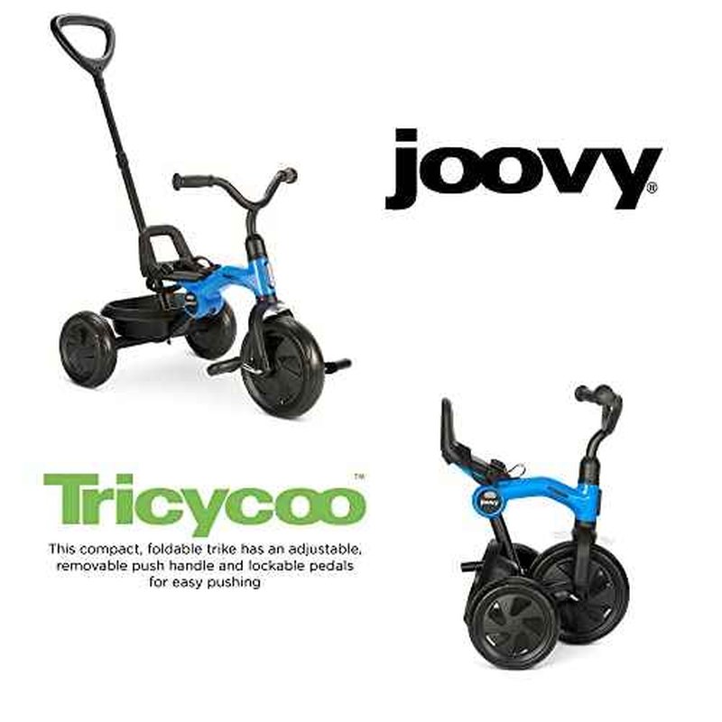 Joovy Tricycoo Fold & Go Toddler Tricycle Featuring Removable, Adjustable Push Handle, Lockable Pedals, Height-Adjustable Seat, 3-Point Safety Harness, and Rear Storage Box (Blueness), 27.6"x18.5"x37"