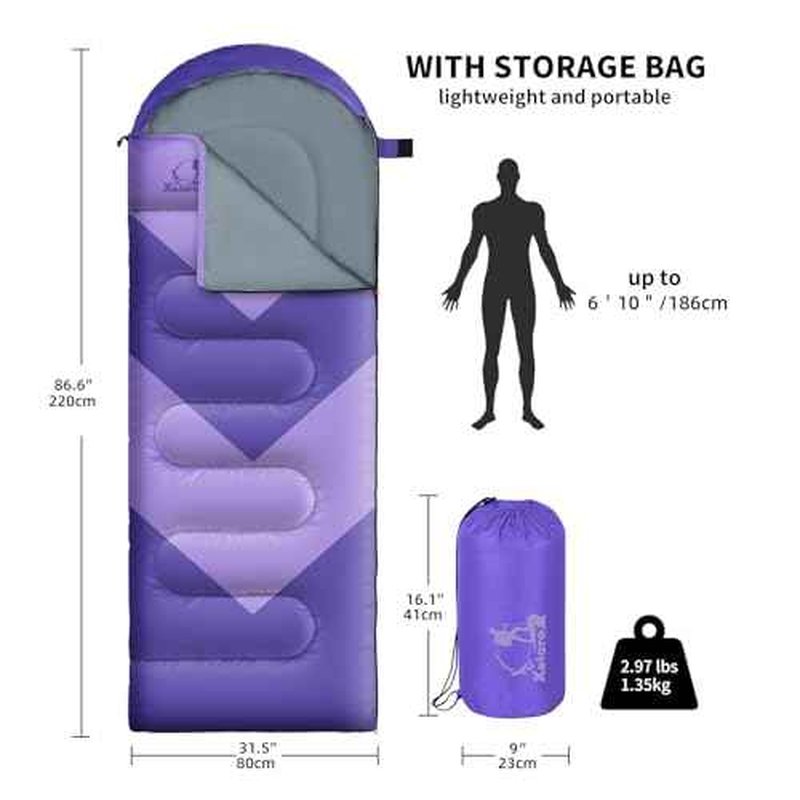 Sleeping Bag for Adults, Girls, Boys - 3 Season Warm & Cool Weather Lightweight Waterproof Camping Bag for Hiking, Outdoor Travel
