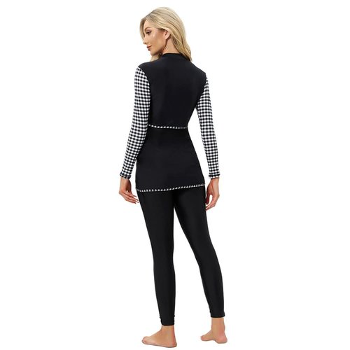 Womens Muslim Islamic Long Sleeves Burkini Swimsuits Swimwear Modest Hijab Burkini Top+Pants Rashguard Swimming Costume Bathing Suit Sport Beachwear Surfing Outfit for Girls Black+White Plaid 2XL