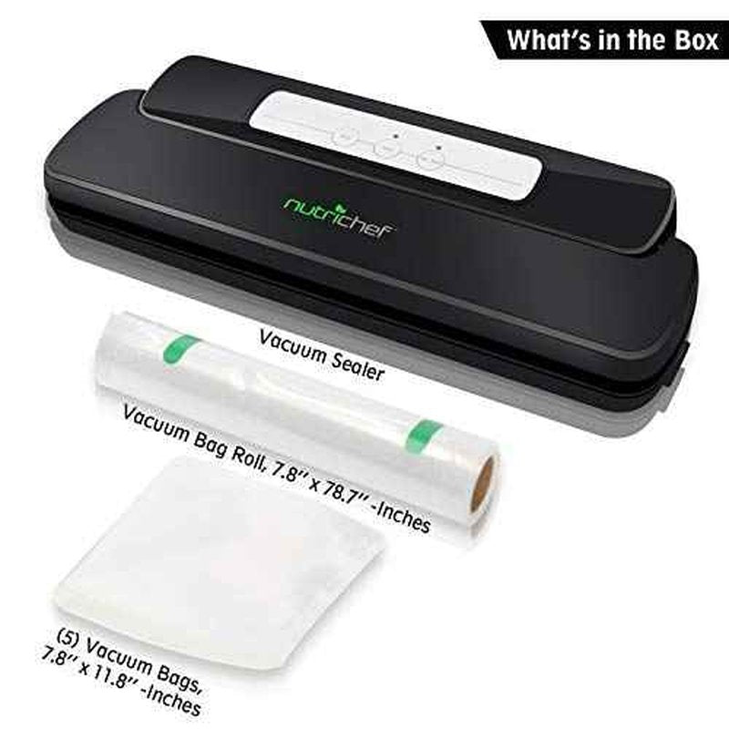 NutriChef Automatic Handheld Sealer Vacuum Machine -Storage for Dry or Moist Product Home Kitchen Heat Sealing System -Simple & Compact Fresh Saver Meal -Food Plastic Roll Bag Starter Kit -AZPKVS10BK