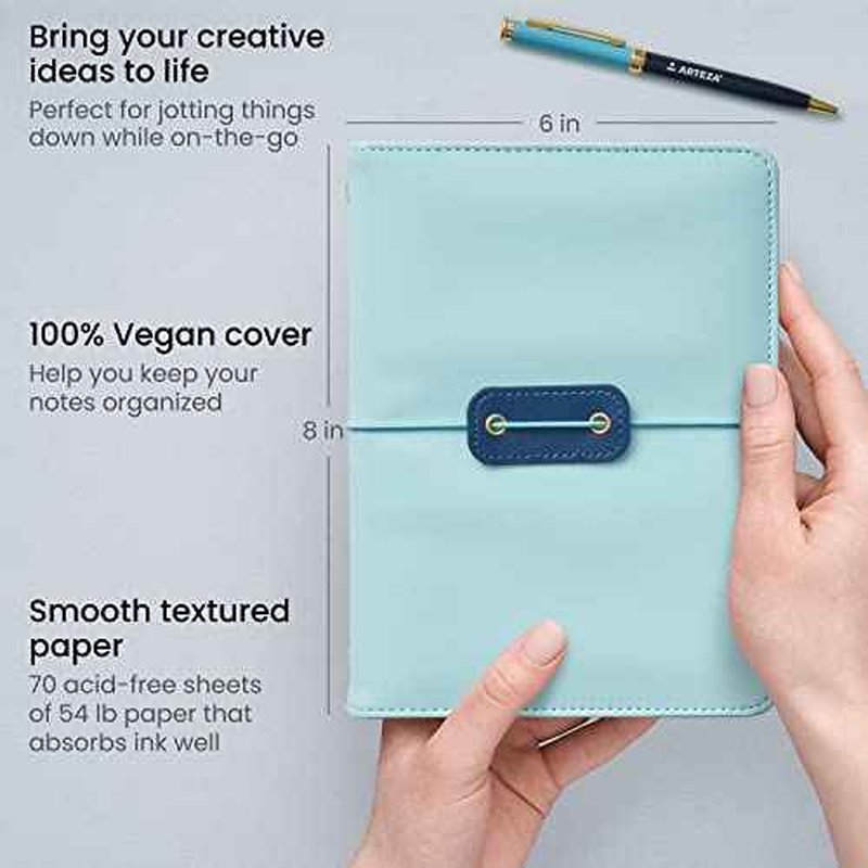 ARTEZA Journal Gift Set, Pack of 2, 6x8 Inches, 70 Sheet Notebooks with Double-Sided Lined and Dotted Paper, Journal Holder, and 1 Black Ink Pen