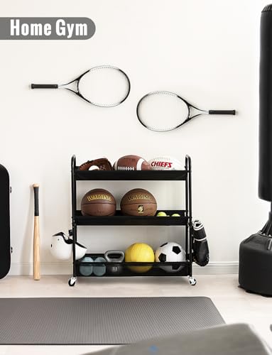 StorageWorks Sports Equipment Organizer with Hooks, Ball Rack Organizer with Wheels, 3-Shelf Ball Rack for Basketball, Football, Volleyball, Medium