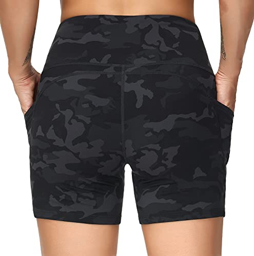 THE GYM PEOPLE High Waist Yoga Shorts for Women Tummy Control Fitness Athletic Workout Running Shorts with Deep Pockets (Large, Black Camo)