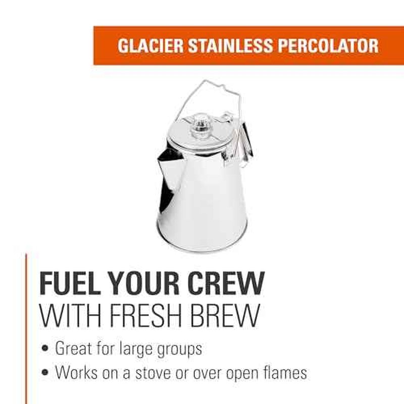 GSI Outdoors Percolator Coffee Pot I Glacier Stainless Steel Ultra-Rugged for Brewing Coffee Over Stove and Fire | Ideal for Group Camping, 14 Cup