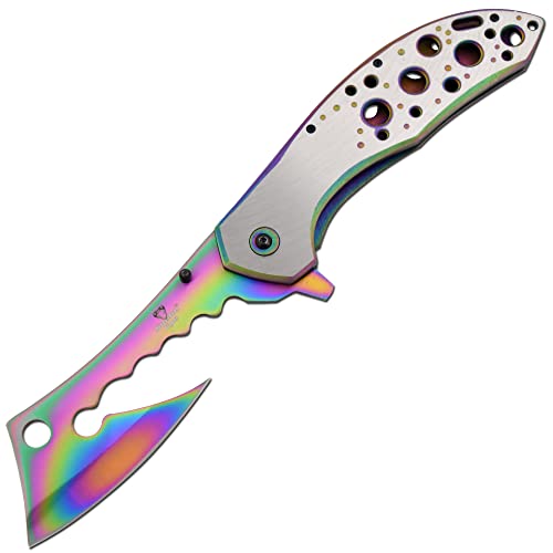 Snake Eye Tactical 12" Jumbo Huge Heavy Duty Ultra Smooth One Hand Opening Folding Pocket Knife Limited Edition Collectors Knife - Ideal for Recreational Work Hiking Camping (Rainbow)