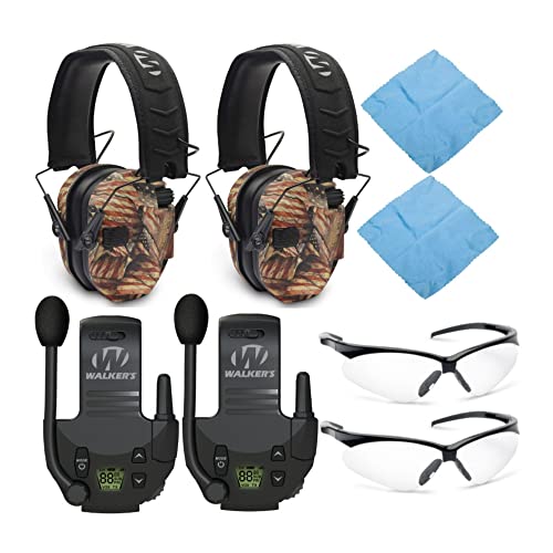 Walker's Razor Slim Electronic Muff (MultiCam Camo Gray, 2-Pack) Bundle with Walkie-Talkie Attachment (2-Pack), Shooting Glasses (2-Pack) and Cleaning Cloth (2-Pack) (8 Items)