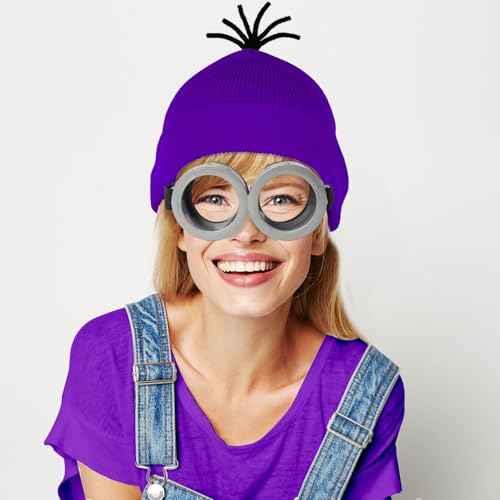 3 Pcs Halloween Costume Accessories Adult,Purple Beanie/Goggles Glasses/Gloves for Women Men Cosplay Party Set