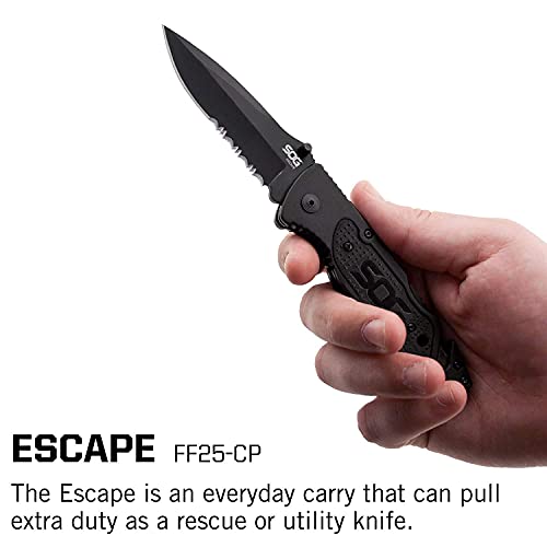 SOG Escape Tactical Folding Knife- 3.4 Inch Serrated Edge Blade Emergency Pocket Knife with Glass Breaker, Wire Stripper and Line Cutter Blades-Black (FF25-CP)