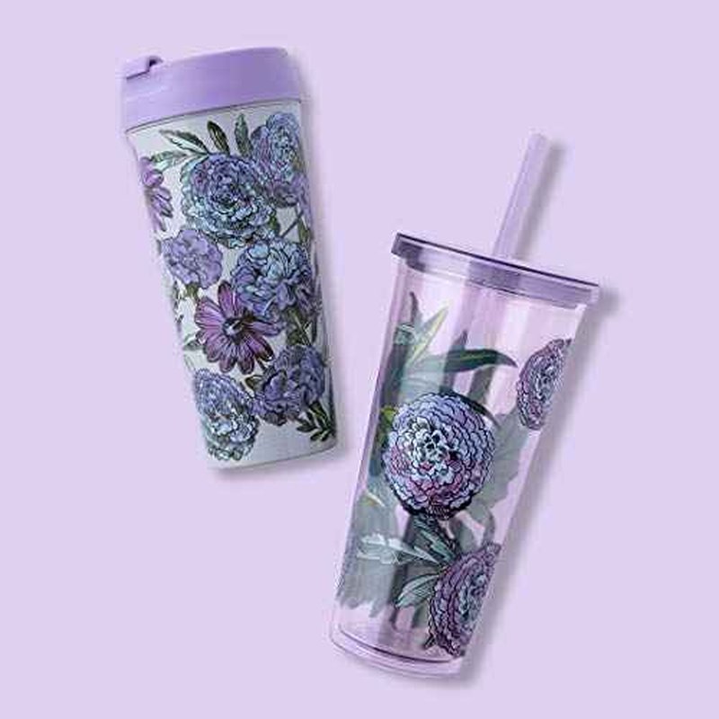 Travel Tumbler with Lid and Straw, 24 Ounce Insulated Cup, Purple Floral Plastic Double Wall Tumbler, Lavender Meadow