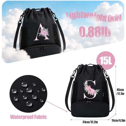Vavabox Initial Drawstring Backpack with Shoe Compartment for Girls (S) - Black