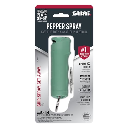 SABRE Pepper Spray for Self Defense, Fast Flip Top, Maximum Police Strength OC Spray, Key Ring for Easy Carry, Fast Access, Finger Grip for Accurate Fast Aim, Secure, Easy to Use, 0.54 fl oz