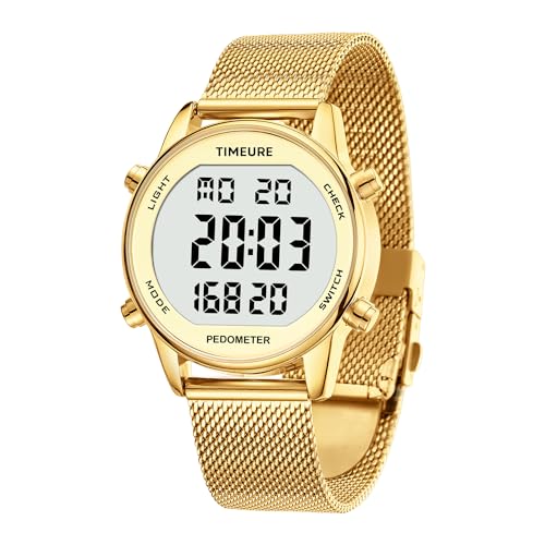 TIMEURE Women's Step Counter Watch with Stainless Steel Bracelet, Stylish Design, No App, No Charging Needed for Step, Calorie, Distance, Alarm, Countdown Timer，TU-2401(Gold)