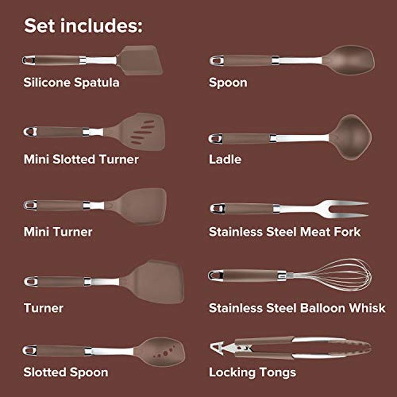 Anolon Tools Set/Nonstick Nylon Cooking Utensils/Kitchen Gadgets Includes Spoons, Turners, Ladle, Meat Fork, Whisk, and Locking Tongs, 10 Piece, Bronze