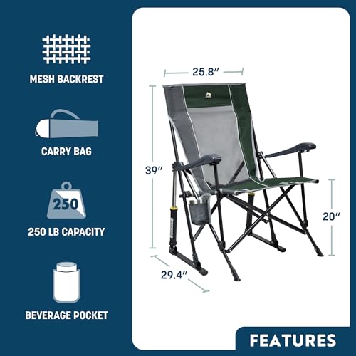 GCI Outdoor Roadtrip Rocker Camping Chair | Portable, Folding Rocking Chair with Solid, Durable Armrests, Drink Holder & Comfortable Extended Backrest — Hunter Green