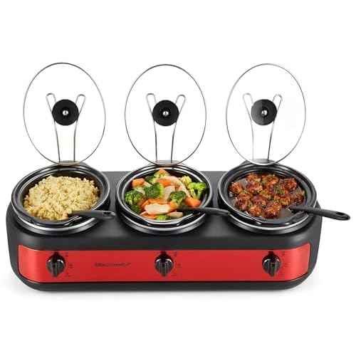 Elite Gourmet EWMST-325R Maxi-Matic Triple Slow Cooker Buffet Server Adjustable Temp Dishwasher-Safe Oval Ceramic Pots, Lid Rests, 3 x 2.5 Qt Capacity, Red