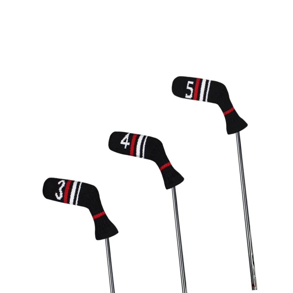Scott Edward Black Red White Warning Iron Covers,Set of 10 PCS, Adorable and Basically Socks Shape,Washable & Durable Golf Club Head Protector (Black Red White Warning Stripes)