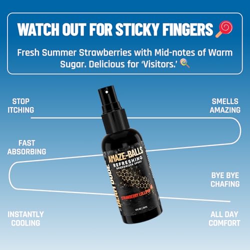 Derm Dude Amaze Ball Deodorant Spray for Men | Anti-Chafing Groin & Sack Spray with DeoPlex & Aloe Vera | Odor & Sweat Control for Private Parts | Strawberry Lollipop Scent, Talc-Free, 2oz