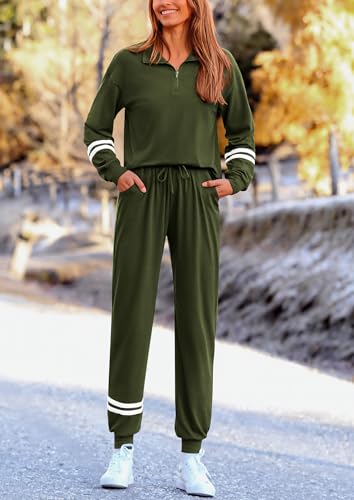 PRETTYGARDEN Women's 2 Piece Tracksuit Sets Striped 1/4 Zip Pullover Tops Long Pants Sweatsuit Outfits (Army Green,Small)