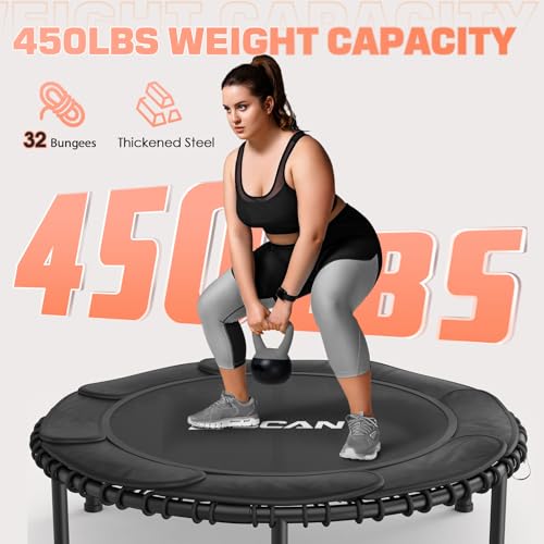 BCAN 450/550 LBS Foldable Mini Trampoline, 40"/48" Fitness Trampoline with Bungees, U/T Shape Adjustable Foam Handle, Stable & Quiet Exercise Rebounder for Kids Adults Indoor/Garden Workout