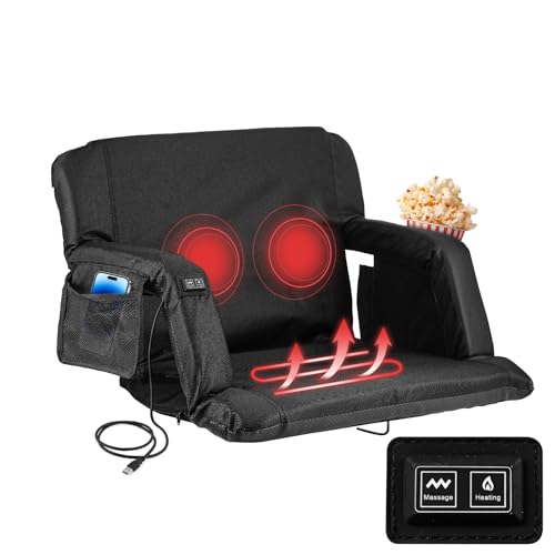 Heated Massage Stadium Seats 2 PC, 25 Inch Heated Stadium Seats for Bleachers with 10000mAh Power Bank, 3 Levels of Heat & 6 Massage, 6 Reclining Positions for Indoor Stadiums, Baseball Stadiums